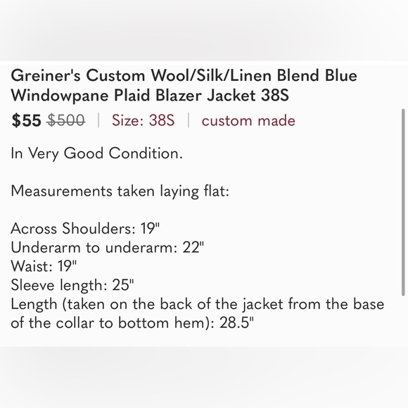 Greiner's Custom Wool/Silk/Linen Blend Blue Windowpane Plaid Blazer Jacket 38S - Picture 9 of 9